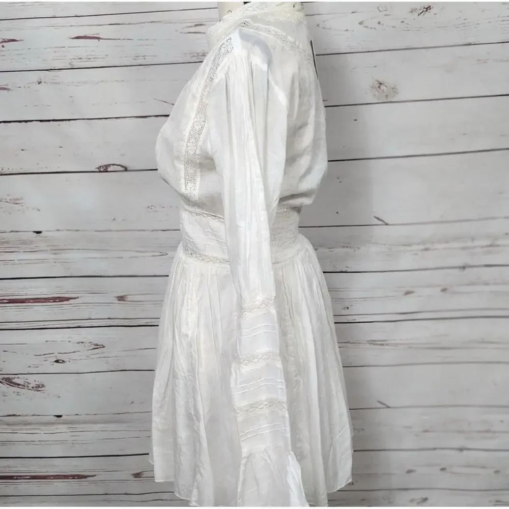 NWOT Free People Ivory Victorian Waisted CROCHET Mini Dress 2 Lace Cotton Womens
